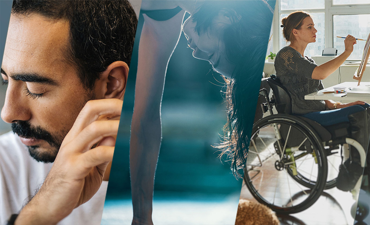 Tre sammenhengende bilder med en person med lukkede øyne, en person som står på hendene, og en person i en rullestol som maler på et lerret.