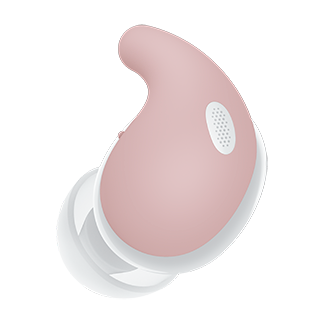 En hvit LinkBuds Fit-ørepropp med en rosa festestøtte.