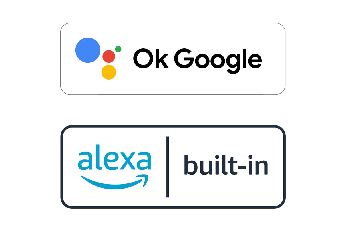 Bilde av en OK Google-logo og logo for innebygd Alexa
