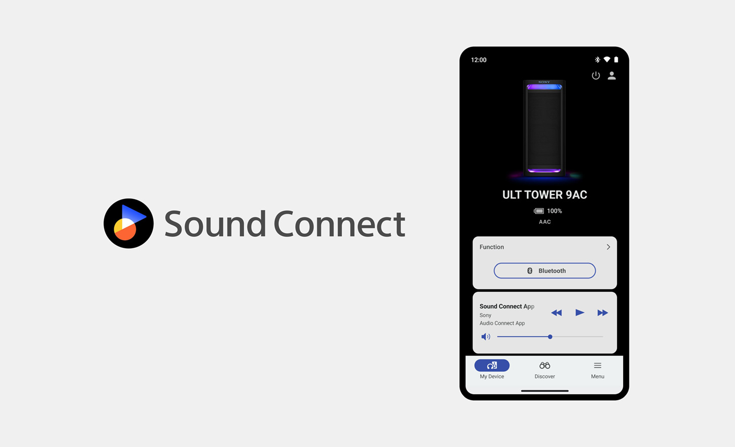 Sound Connect-logoen ved siden av et bilde av en mobiltelefon med Sony Connect-appen åpen og synlig i bruk på skjermen