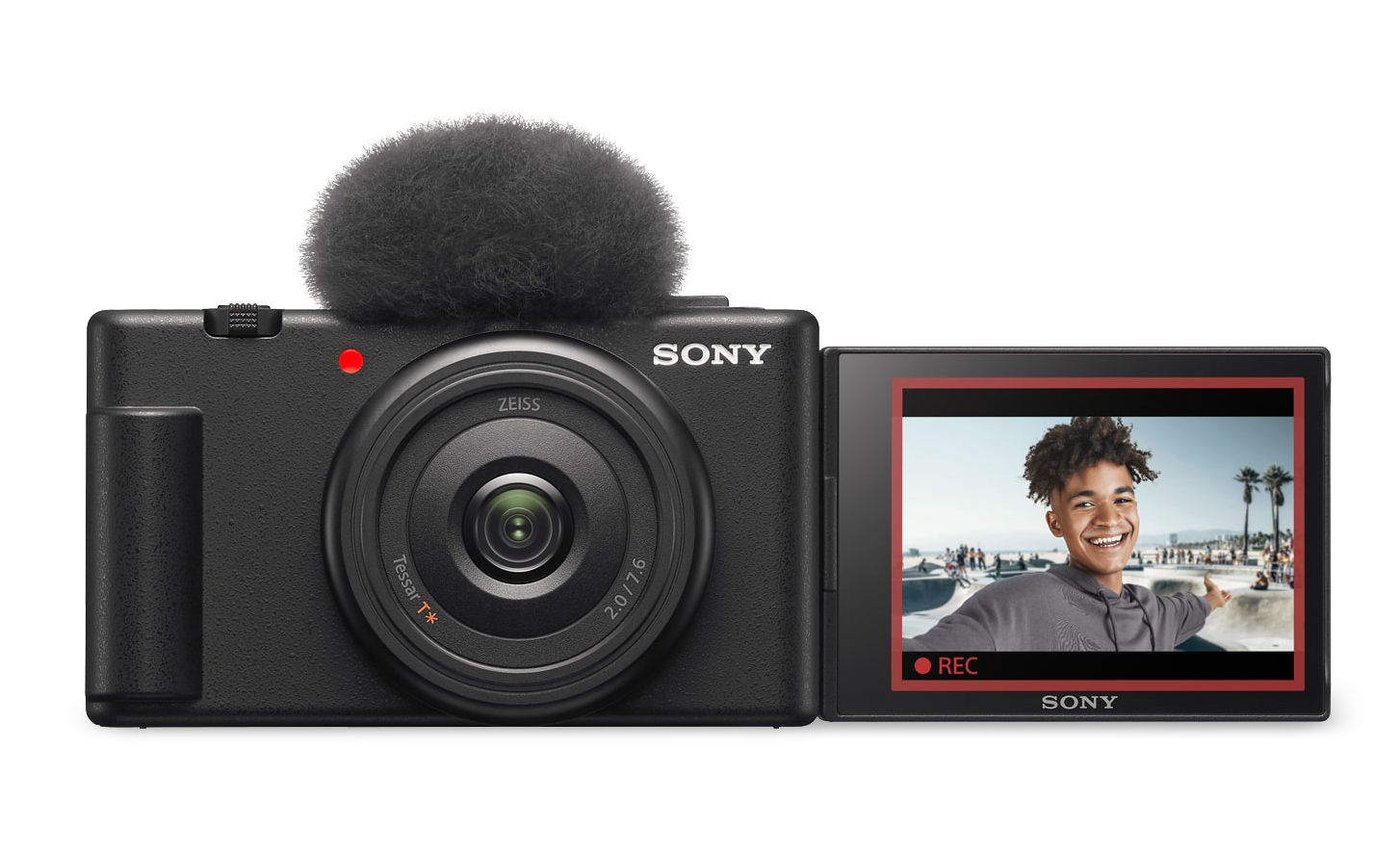 Bilde av ZV-1F med påmontert vindskjerm og skjermen åpen