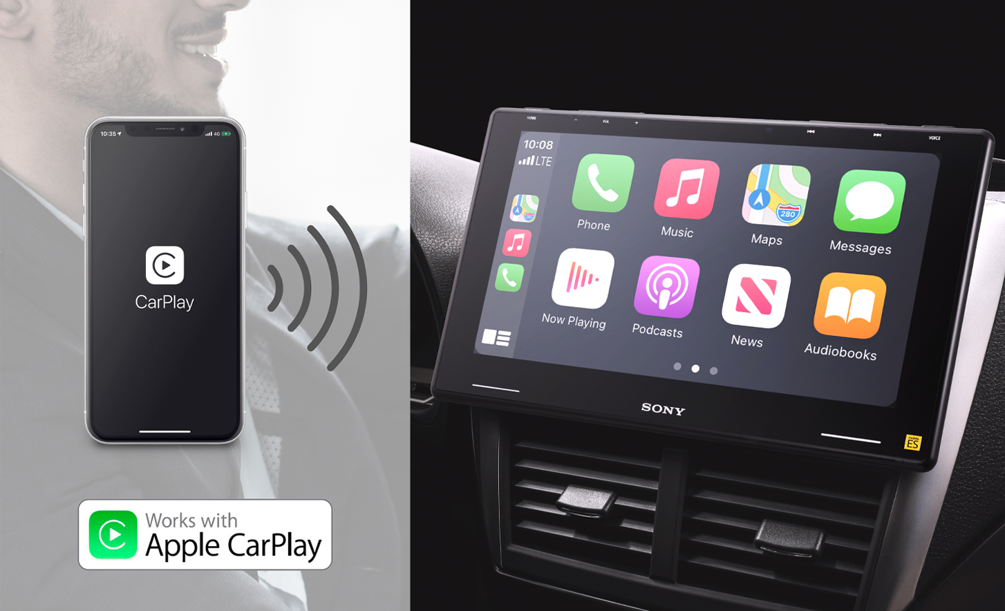 Bilde som viser hvordan XAV-9550ES kan kobles til med Apple CarPlay