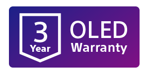 En lilla logo som inneholder et bilde av et skjold med teksten 3 year OLED warranty